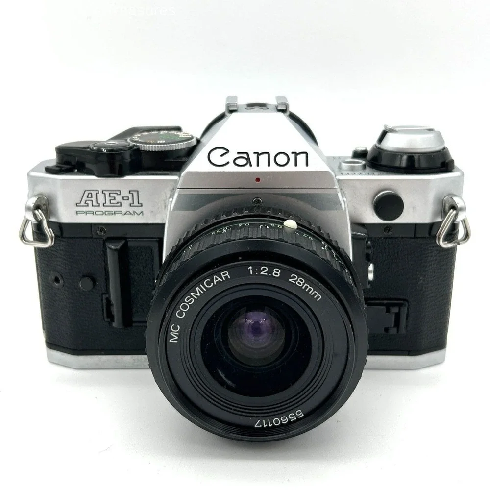 VTG Canon AE-1 Program 35mm SLR Film Camera MC Cosmicar 28mm f/2.8 Lens Untested